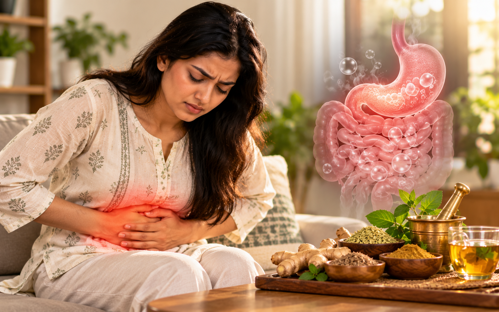 गैस और ब्लोटिंग — कारण, आयुर्वेदिक नुस्खे और इलाज