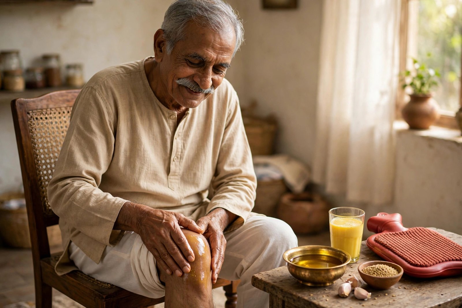 घुटने के दर्द के 6 घरेलू नुस्खे — गुनगुने तेल से घुटने की मालिश, हल्दी दूध, मेथी दाना और गर्म सेंक